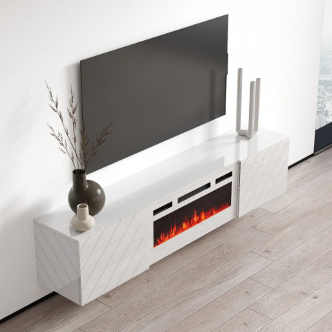 Szafka RTV LUXE 182,6x34,5x37,5 biały/biały połysk + biały kominek - Galeria zdjęcie 3