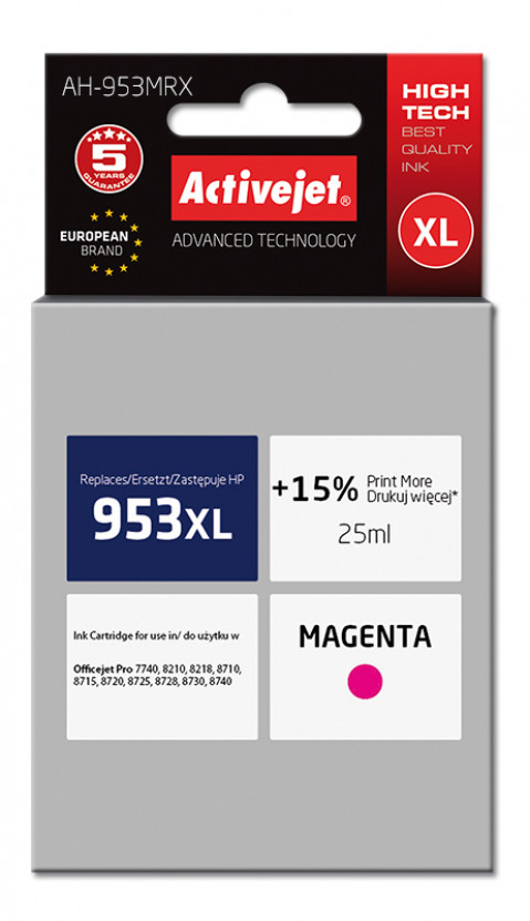 Activejet AH-953MRX Tusz do drukarki HP, Zamiennik HP 953XL F6U17AE; Premium; 25 ml; purpurowy. Drukuje więcej o 15%. - Galeria zdjęcie 1