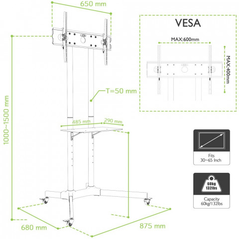 TECHLY STOJAK MOBILNY TV LED/LCD 30-65 CALI 60KG 1 - Galeria zdjęcie 3