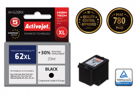 Activejet AH-62BRX Tusz do drukarki HP, Zamiennik HP 62XL C2P05AE; Premium; 20 ml; czarny. Drukuje więcej o 30%. - Galeria zdjęcie 2