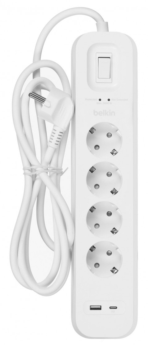 Listwa zasilająca Belkin Power Surge 4-PORT + 1xUSB-A +1xUSB-C 2.4A PD 525J 2m White Schuko - Galeria zdjęcie 1