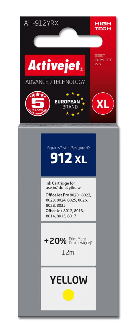 Activejet AH-912YRX Tusz do drukarek HP, Zamiennik HP 912XL 3YL83AE; Premium; 990 stron; 12 ml, żółty - Galeria zdjęcie 1