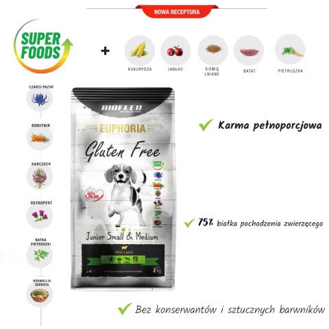 BIOFEED Euphoria Gluten Free Junior small & medium Jagnięcina - sucha karma dla psa - 12 kg - Galeria zdjęcie 2