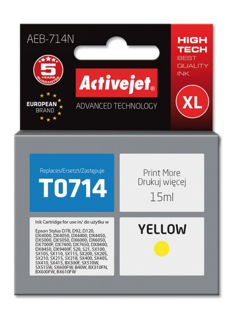 Activejet AEB-714N Tusz do drukarki Epson, Zamiennik Epson T0714, T0894, T1004; Supreme; 15 ml; żółty. - Galeria zdjęcie 1