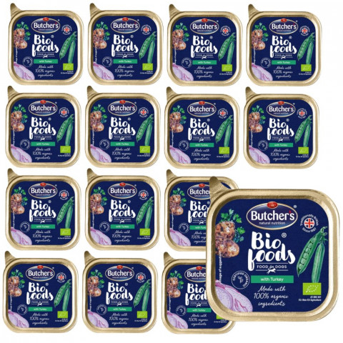 BUTCHER'S Bio Foods Dog - mokra karma dla psa z indykiem w formie pasztetu - tacka 15x150g - Galeria zdjęcie 1