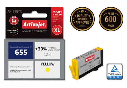 Activejet AH-655YR Tusz do drukarki HP, Zamiennik HP 655 CZ112AE; Premium; 12 ml; żółty. Drukuje więcej o 30%. - Galeria zdjęcie 2
