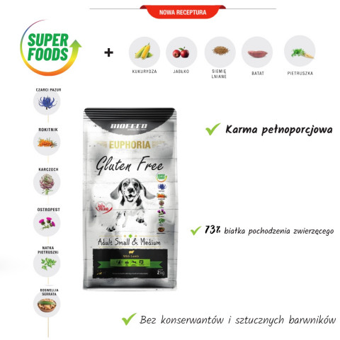 BIOFEED Euphoria Gluten Free Adult small & medium Jagnięcina - sucha karma dla psa - 2 kg - Galeria zdjęcie 2