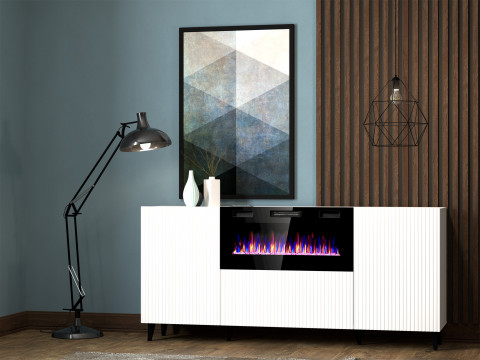 Komoda PAFOS z kominkiem elektrycznym 180x42x82 biały mat - Galeria zdjęcie 3