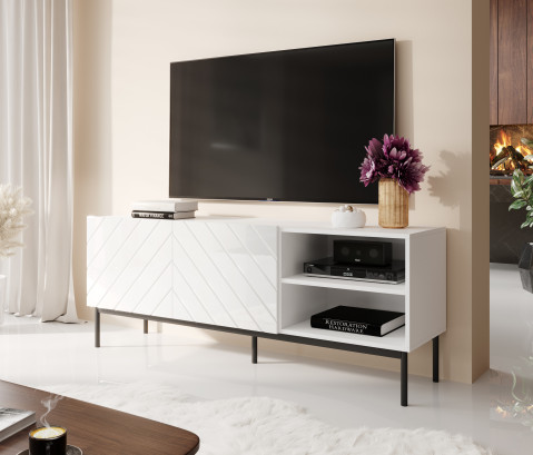 Szafka RTV ABETO na czarnym stelażu ze stali 150x42x60 biały/biały połysk - Galeria zdjęcie 2