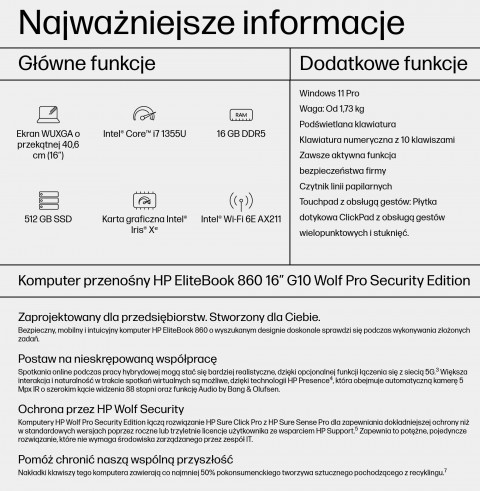 HP EliteBook 860 G10 i7-1355U 16"WUXGA 250nits AG 16GB DDR5 SSD512 Iris Xe 76Wh W11Pro - Galeria zdjęcie 17