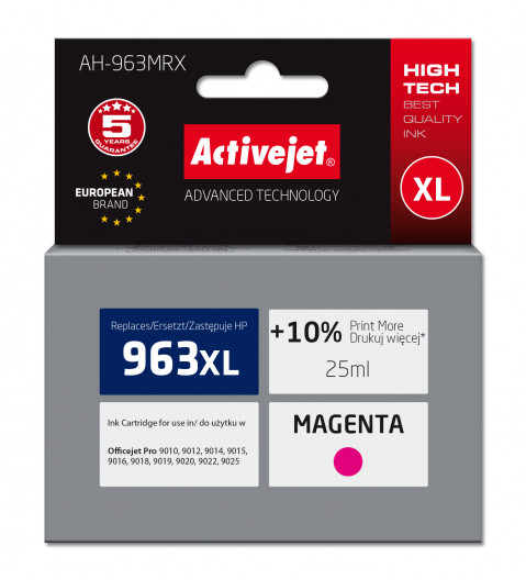 Activejet AH-963MRX Tusz do drukarek HP, Zamiennik HP 963XL 3JA28AE; Premium; 1760 stron; 25 ml, purpurowy - Galeria zdjęcie 1