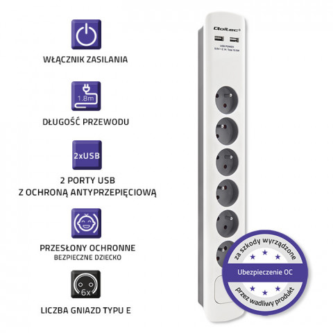 QOLTEC LISTWA ZASILAJĄCA ANTYPRZEPIĘCIOWA | 6 GNIA - Galeria zdjęcie 3