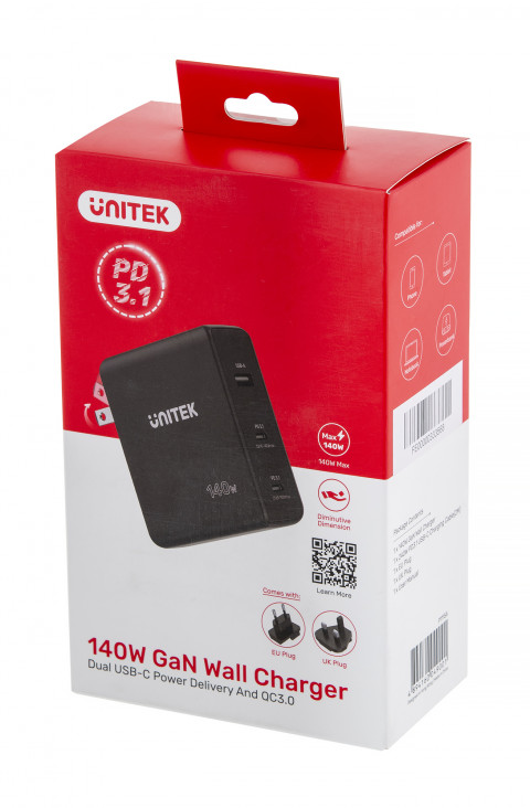 UNITEK ŁADOWARKA GAN 2X USB-C, USB-A, 140W - Galeria zdjęcie 5