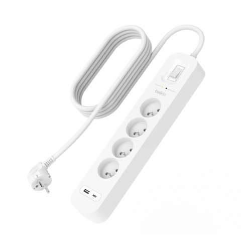 Listwa zasilająca Belkin Power Surge 4-PORT + 1xUSB-A +1xUSB-C 2.4A PD 525J 2m White - Galeria zdjęcie 3