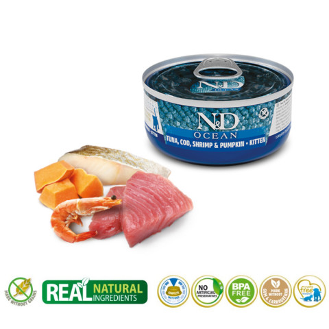 FARMINA N&D Ocean Kitten Tuna, Cod, Shrimp & Pumpkin – mokra karma dla kota – 70g - Galeria zdjęcie 2