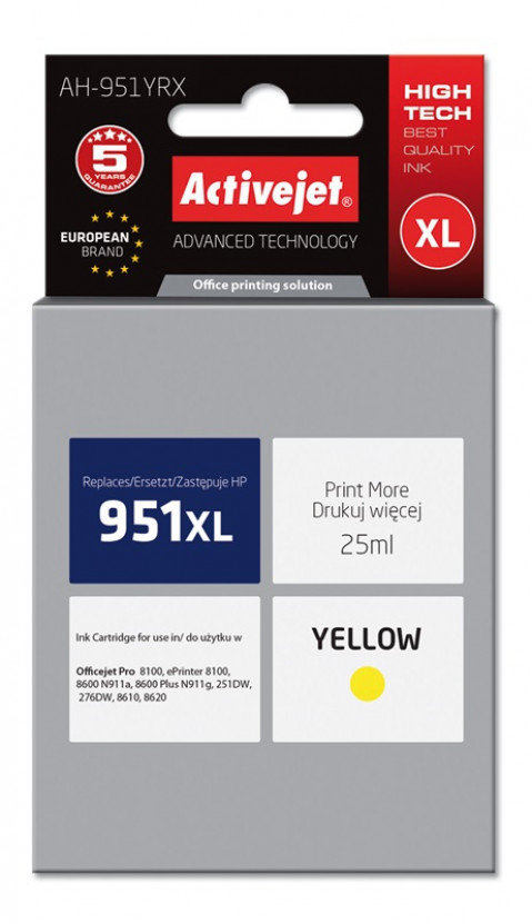 Activejet AH-951YRX Tusz do drukarki HP, Zamiennik HP 951XL CN048AE; Premium; 25 ml; żółty. - Galeria zdjęcie 1