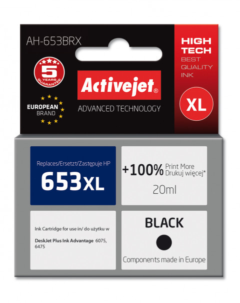 Activejet AH-653BRX Tusz do drukarek HP; Zamiennik HP 653XL 3YM75AE; Premium; 720 stron, 20 ml, czarny - Galeria zdjęcie 1