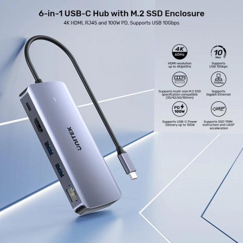 UNITEK AKTYWNY HUB USB-C 10GBPS,M.2,HDMI, PD 100W - Galeria zdjęcie 6