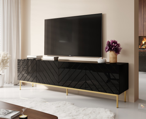 Szafka RTV ABETO na złotym stelażu ze stali 200x42x60 czarny/czarny połysk - Galeria zdjęcie 2