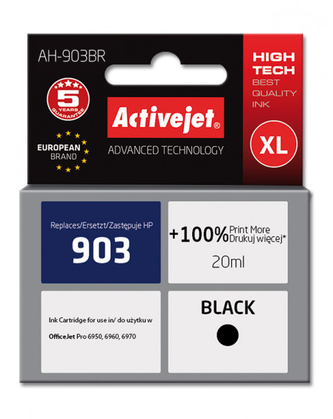 Activejet AH-903BR Tusz do drukarki HP, Zamiennik HP 903 T6L99AE; Premium; 20 ml; czarny. Drukuje więcej o 100%. - Galeria zdjęcie 1