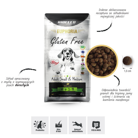 BIOFEED Euphoria Gluten Free Adult small & medium Jagnięcina - sucha karma dla psa - 2 kg - Galeria zdjęcie 3