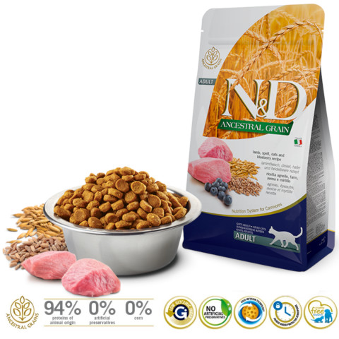 FARMINA N&D Ancestral Grain Lamb & Blueberry Adult - sucha karma dla kota - 5kg - Galeria zdjęcie 2