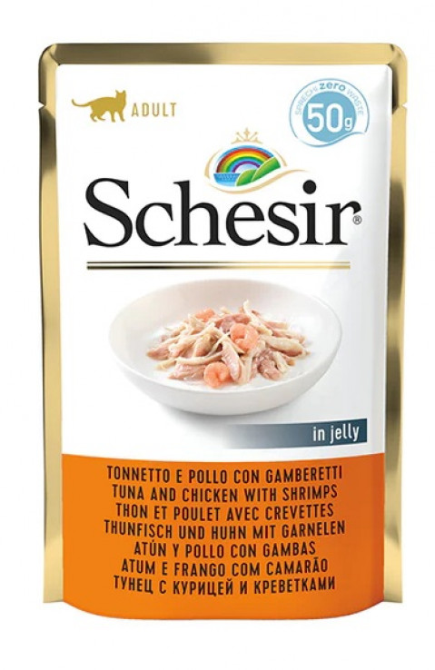 SCHESIR dla kotów Single Dish Tuńczyk z Kurczakiem i Krewetkami 50g - Galeria zdjęcie 1