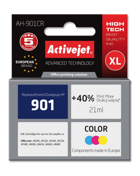 Activejet AH-901CR Tusz do drukarki HP, Zamiennik HP 901 CC656AE; Premium; 21 ml; kolor. Drukuje więcej o 40%. - Galeria zdjęcie 1