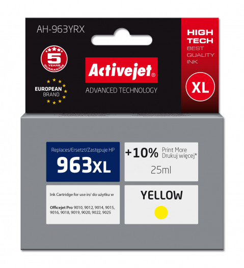 Activejet AH-963YRX Tusz do drukarek HP, Zamiennik HP 963XL 3JA29AE; Premium; 1760 stron; 25 ml, żółty - Galeria zdjęcie 1