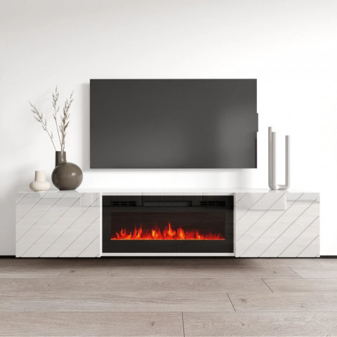 Szafka RTV LUXE 182,6x34,5x37,5 biały/biały połysk + czarny kominek - Galeria zdjęcie 3