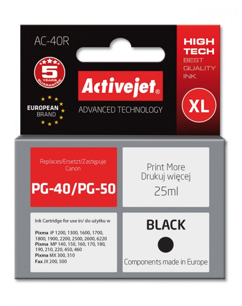 Activejet AC-40R Tusz do drukarki Canon, Zamiennik Canon PG-40; Premium; 25 ml; czarny. - Galeria zdjęcie 1