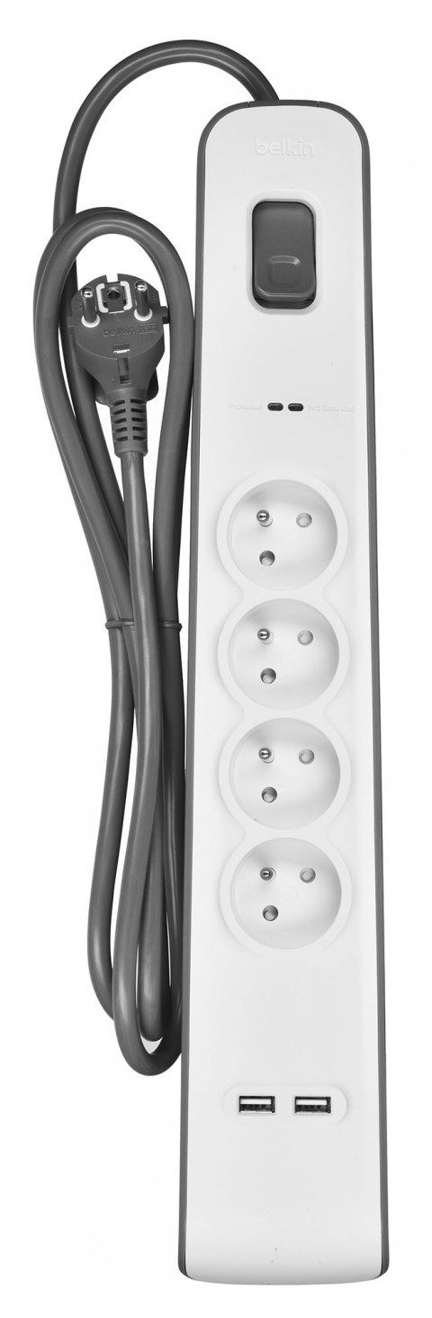 Listwa zasilająca Belkin Power Surge 4-PORT + 2xUSB-A 2.4A 525J 2m Grey/White - Galeria zdjęcie 1