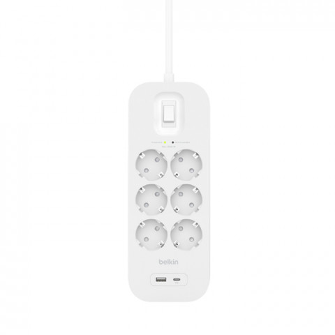 Listwa zasilająca Belkin Power Surge 6-PORT + 1xUSB-A +1xUSB-C 2.4A PD 650J 2m White Schuko - Galeria zdjęcie 2