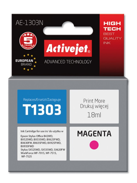 Activejet AE-1303N Tusz do drukarki Epson, Zamiennik Epson T1303; Supreme; 18 ml; purpurowy. - Galeria zdjęcie 1