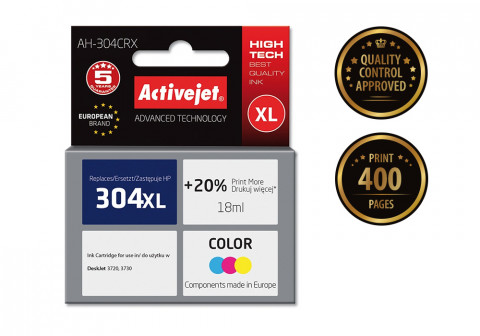 Activejet AH-304CRX Tusz do drukarki HP, Zamiennik HP 304XL N9K07AE; Premium; 18 ml; 400 stron, kolor. Drukuje więcej o 20%. - Galeria zdjęcie 2