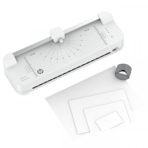 HP Laminator ONELAM COMBO A3, na zimno/gorąco, zintegrowany trymer, zaokrąglacz rogów, prędkość 40cm/min + 15 folii: 3xA4, 4xA5, 4xA6, 4xB-CARD, biały - Galeria zdjęcie 6