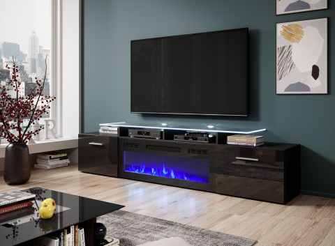Szafka RTV ROVA z kominkiem elektrycznym 190x37x48 czarny/czarny połysk - Galeria zdjęcie 3