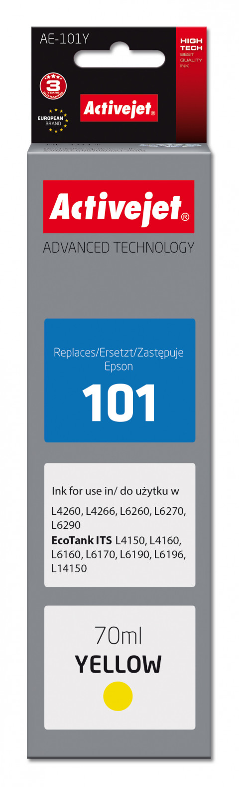 Activejet AE-101Y Tusz do drukarki Epson, Zamiennik Epson 101; Supreme; 70 ml; żółty. - Galeria zdjęcie 1