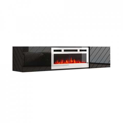 Szafka RTV LUXE 182,6x34,5x37,5 czarny/czarny połysk + biały kominek - Galeria zdjęcie 1