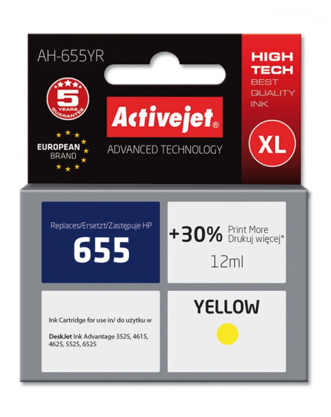 Activejet AH-655YR Tusz do drukarki HP, Zamiennik HP 655 CZ112AE; Premium; 12 ml; żółty. Drukuje więcej o 30%. - Galeria zdjęcie 1