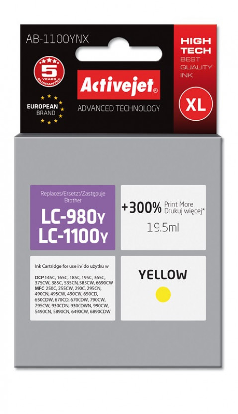 Activejet AB-1100YNX Tusz do drukarki Brother, Zamiennik Brother LC1100Y/980Y; Supreme; 19,5 ml; żółty. Drukuje więcej o 300%. - Galeria zdjęcie 1