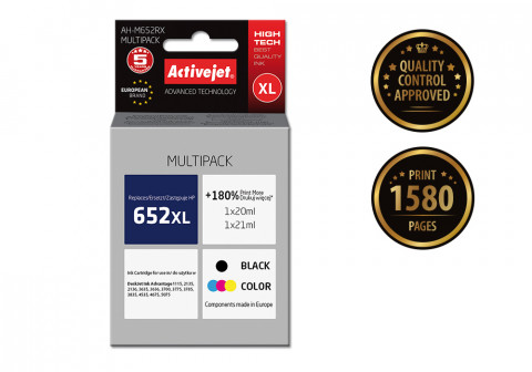 Activejet AH-M652RX Tusz do drukarki HP, Zamiennik HP 652 F6V25AE/F6V24AE; Premium; 1 x 20 ml, 1 x 21 ml; 1580 stron, czarny, kolor. Drukuje więcej o 180%. - Galeria zdjęcie 2