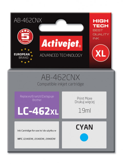 Activejet AB-462CNX Tusz do drukarki Brother, Zamiennik Brother LC-462XLC; Supreme; 19 ml; błękitny. - Galeria zdjęcie 1