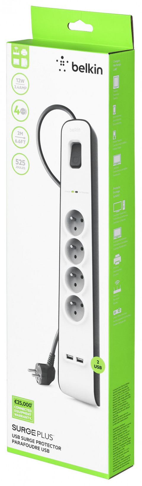 Listwa zasilająca Belkin Power Surge 4-PORT + 2xUSB-A 2.4A 525J 2m Grey/White - Galeria zdjęcie 8
