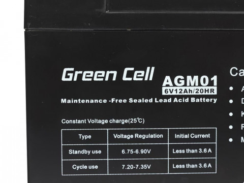 GREEN CELL AKUMULATOR ŻELOWY AGM01 6V 12AH - Galeria zdjęcie 3