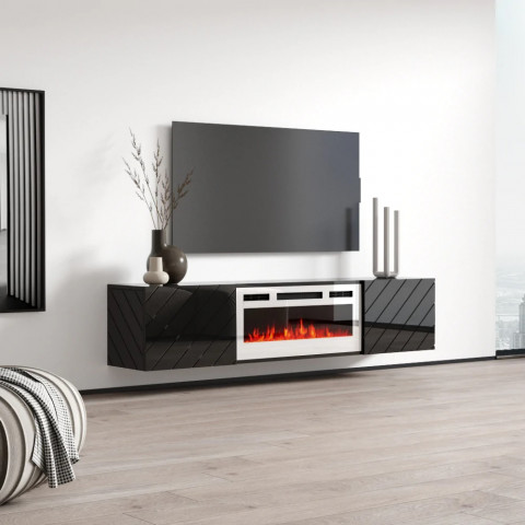 Szafka RTV LUXE 182,6x34,5x37,5 czarny/czarny połysk + biały kominek - Galeria zdjęcie 2