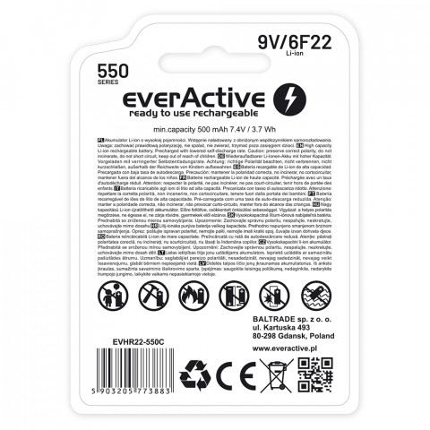 EVERACTIVE AKUMULATOREK 6F22/9V LI-ION EVHR22-550C - Galeria zdjęcie 6