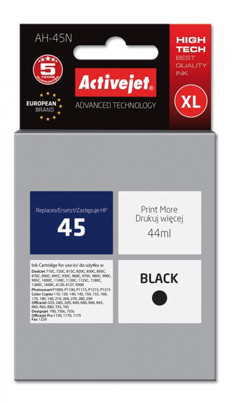 Activejet AH-45N Tusz do drukarki HP, Zamiennik HP 45 51645A; Supreme; 44 ml; czarny. - Galeria zdjęcie 1