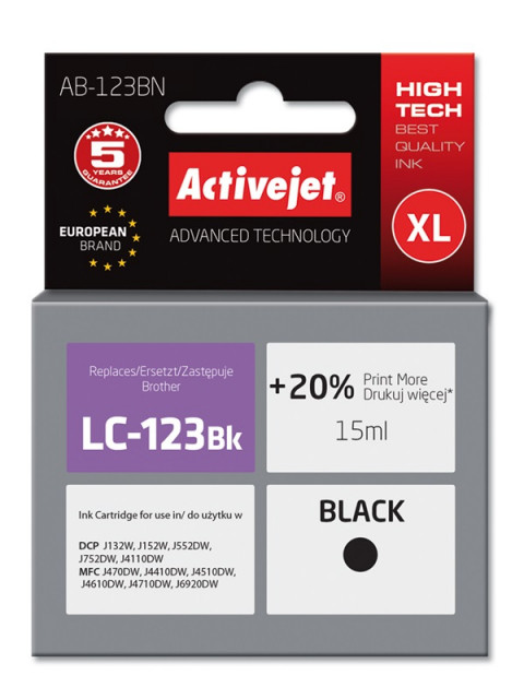 Activejet AB-123BN Tusz do drukarki Brother, Zamiennik Brother LC123BK/121BK; Supreme; 15 ml; czarny. Drukuje więcej o 20%. - Galeria zdjęcie 1