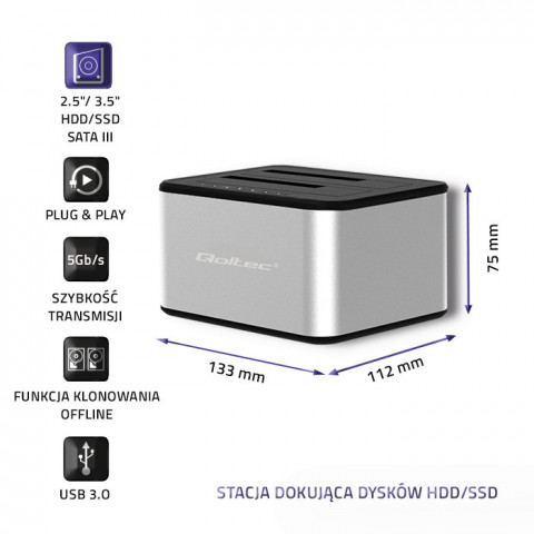 QOLTEC STACJA DOKUJĄCA DYSKÓW 2XHDD/SSD | USB 3.0 - Galeria zdjęcie 3